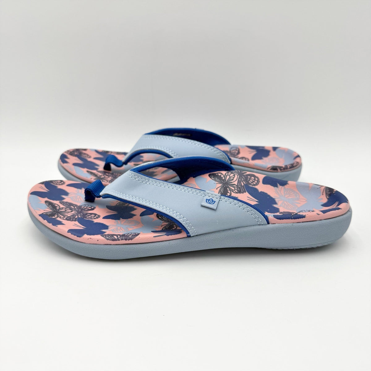 Spenco Womens Yumi Butterfly Sandals Size 8 WIDE Blue Pink Flip Flops NWOB