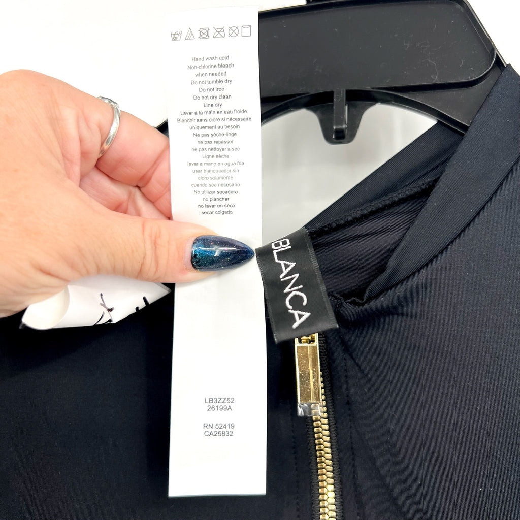 LA BLANCA Women's Zip-Front Paddlesuit Swimsuit XS Black Shirred Long Sleeve NWT