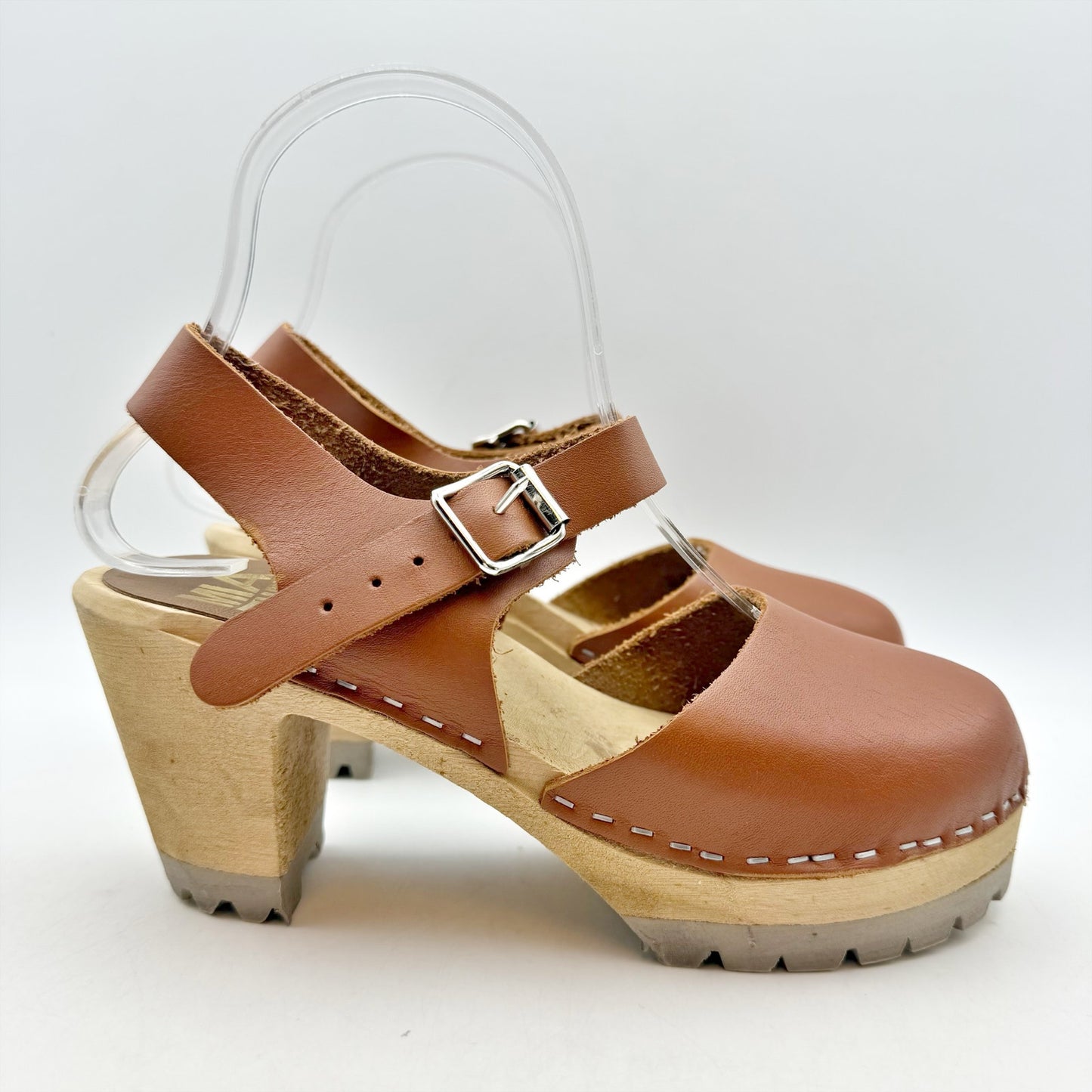 MIA Womens Abba Clogs EU 36 US 6 Luggage Brown Leather Wooden Heel NWOB