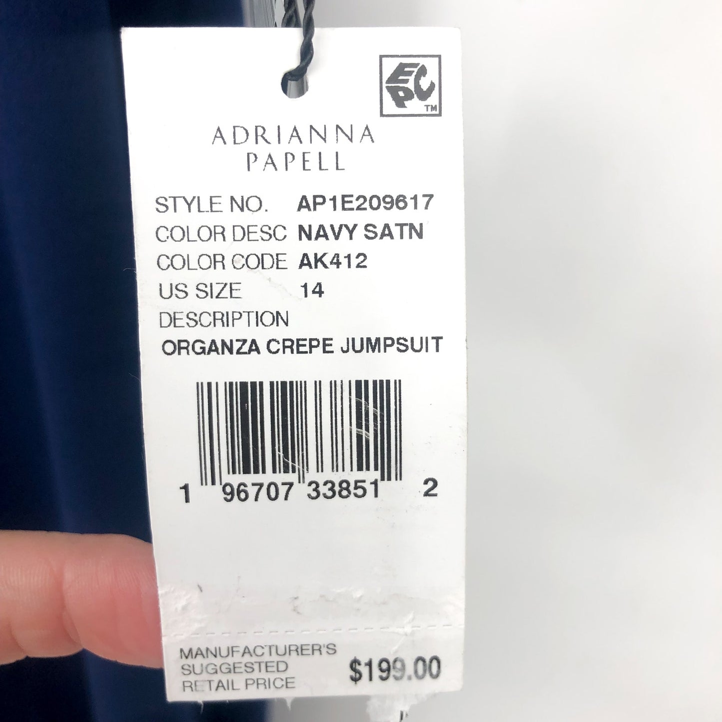 ADRIANNA PAPELL Organza Crepe Jumpsuit Size 14 Navy Blue Satin Off Shoulder NWT