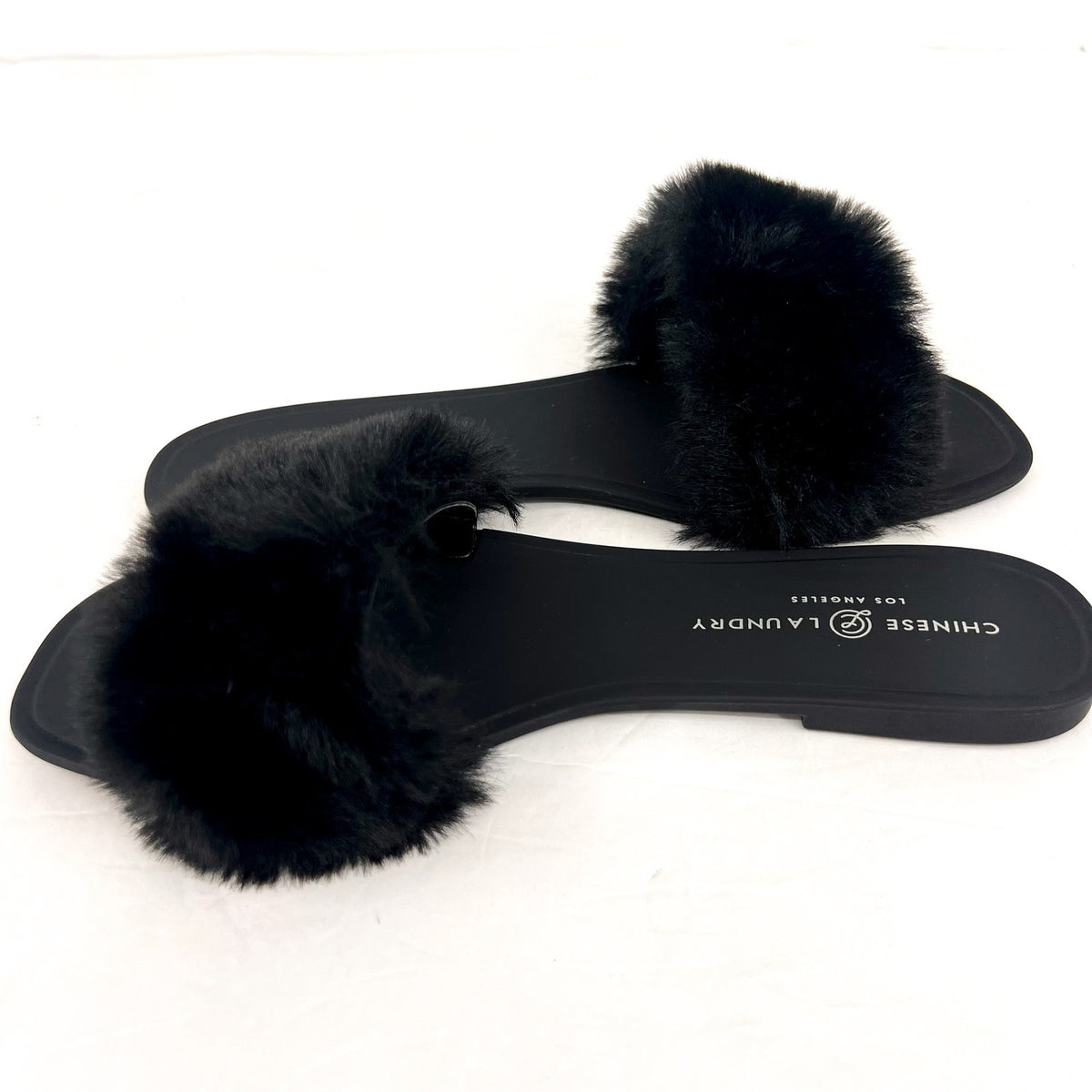 CHINESE LAUNDRY Womens Midnight Flat Slide Sandals Size 8 Black Faux Fur NWOB