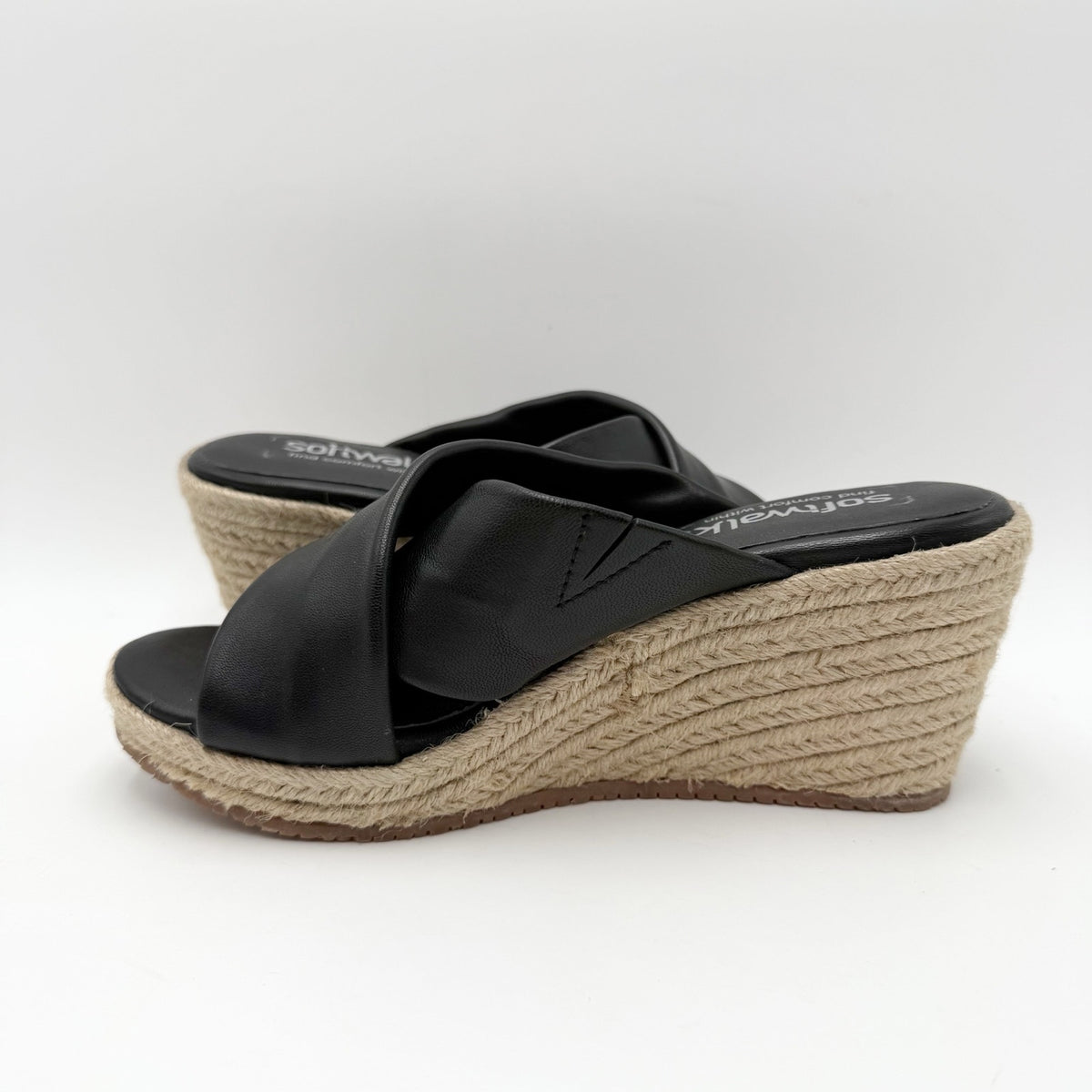 SoftWalk Womens Halsey Wedge Sandal Size 7.5 NARROW Black Leather Espadrille NIB