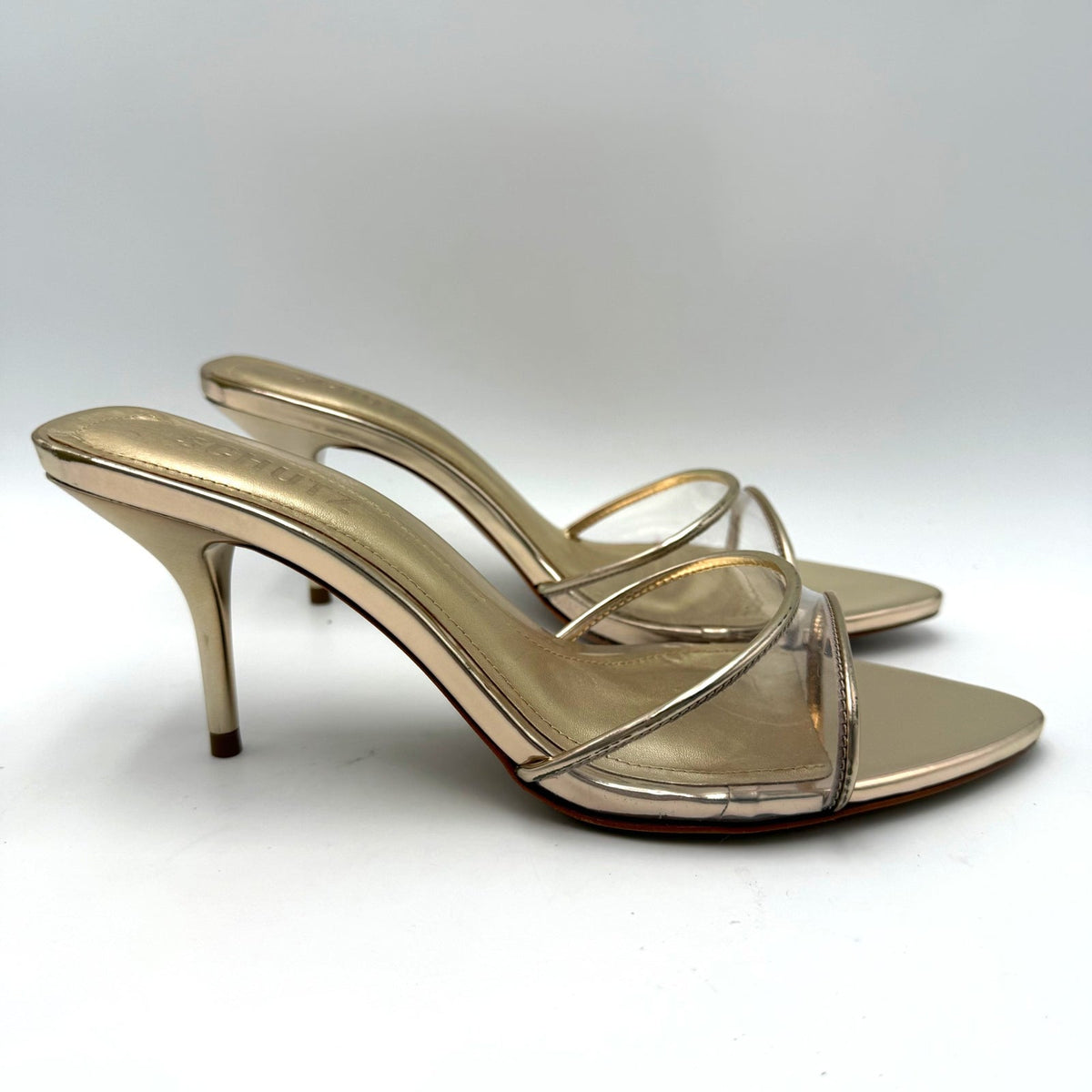Schutz Womens Elodie Vinyl Heeled Mule Sandals Size 7.5 Platinum Gold NIB