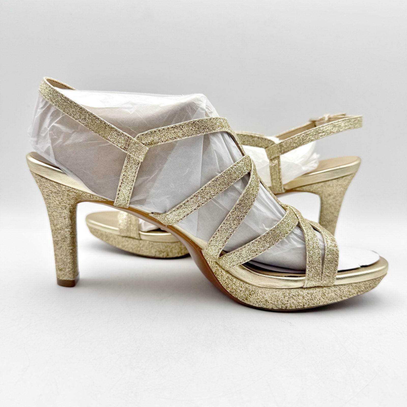Naturalizer Womens Baylor Heeled Sandals US 9.5 Wide EU 40.5 Gold Glitter NIB