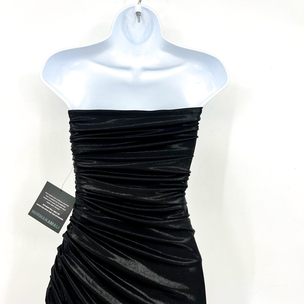 NORMA KAMALI Diana Strapless Midi Dress XS 34 Black Metallic Ruched Stretch NWT