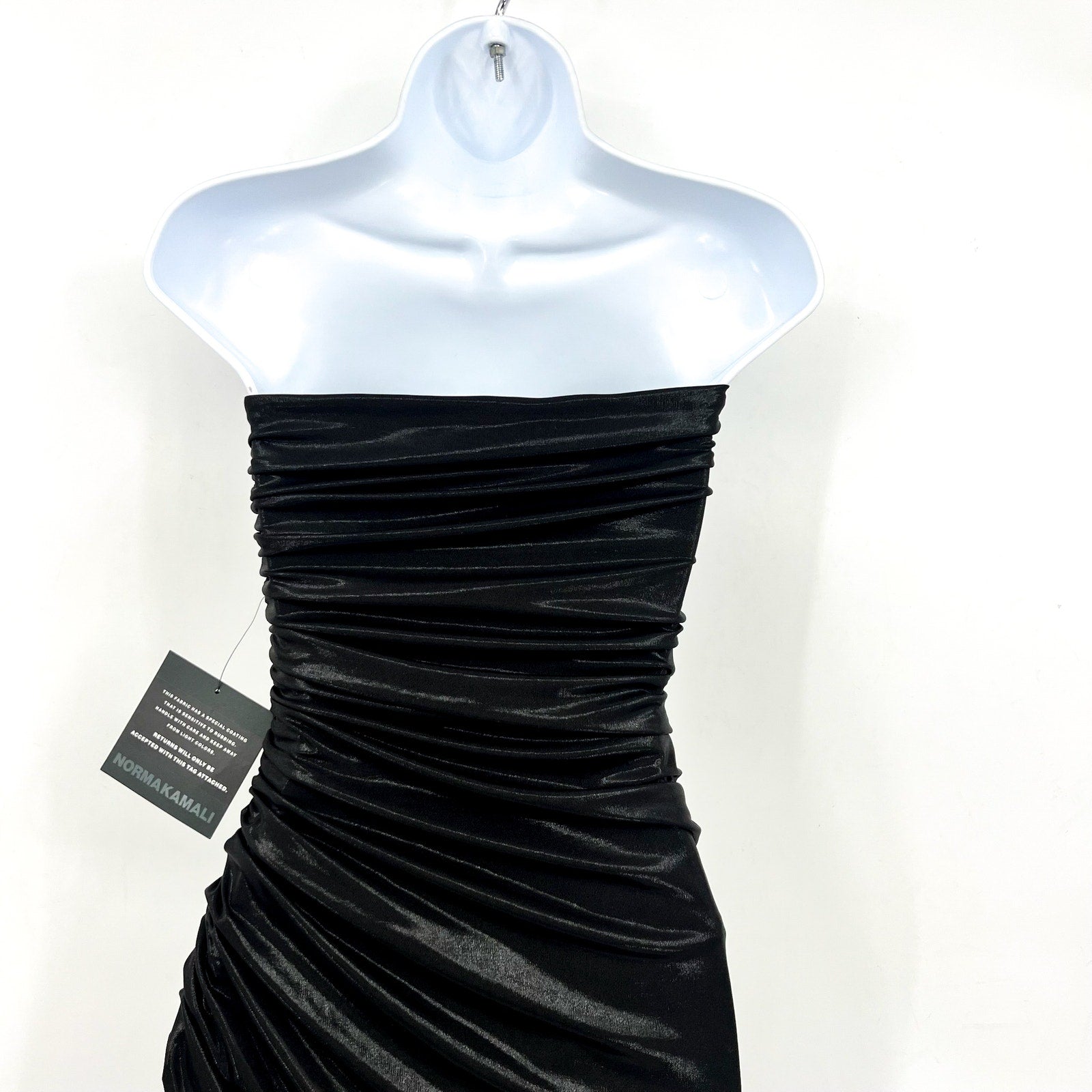 NORMA KAMALI Diana Strapless Midi Dress XS 34 Black Metallic Ruched Stretch NWT