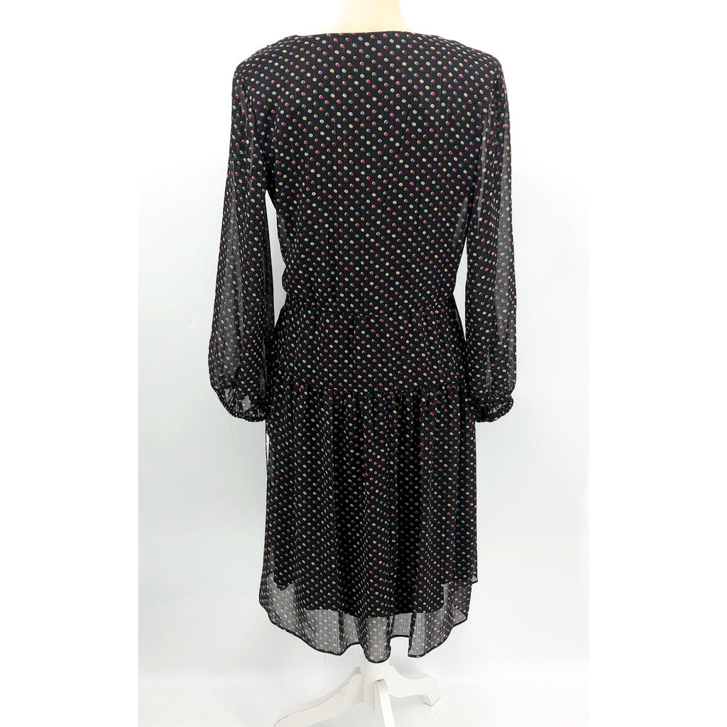 SIGNATURE BY ROBBIE BEE Faux Wrap Dress 10 Black Multi Polka Dot 3/4 Sleeve NWT
