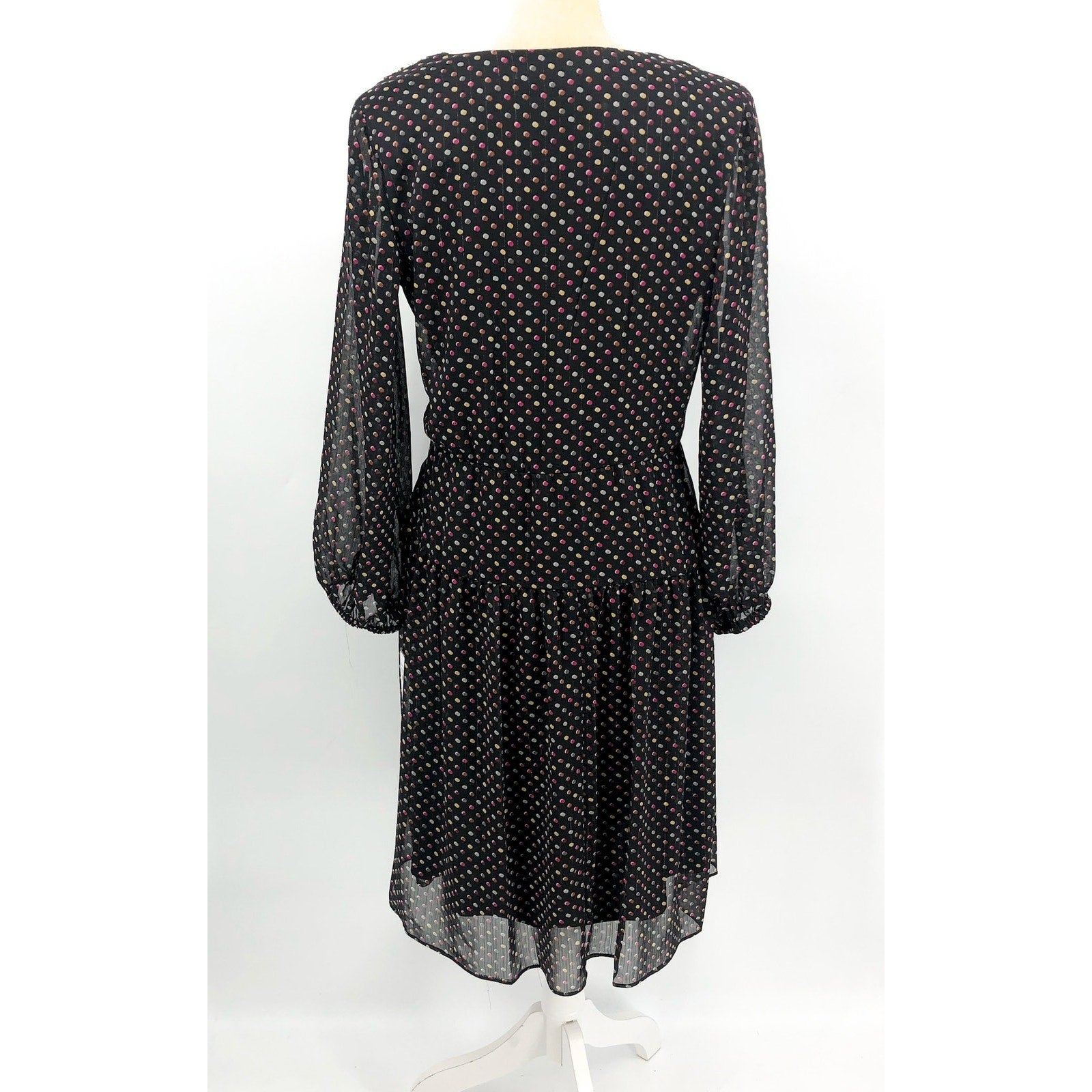 SIGNATURE BY ROBBIE BEE Faux Wrap Dress 10 Black Multi Polka Dot 3/4 Sleeve NWT