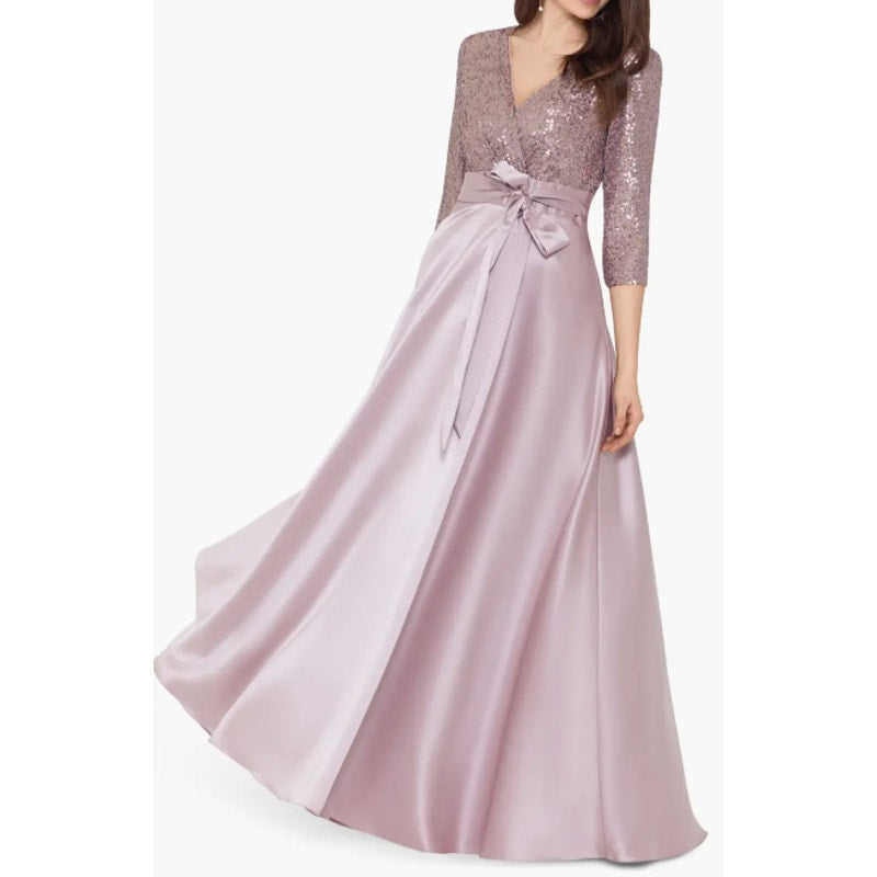 XSCAPE Women's Sequin & Satin A-Line Gown Size 10 Rose Pink Elbow Sleeve NWOT