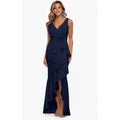 BETSY & ADAM Candace Long Cascade Dress 10 Navy Blue V- Neck Hi Low Crepe NWOT