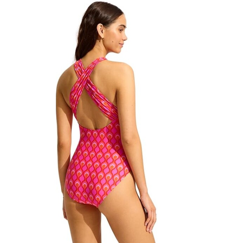 SEAFOLLY Cross-Back One Piece Swimsuit US 10 Red Chili Birds of Paradise