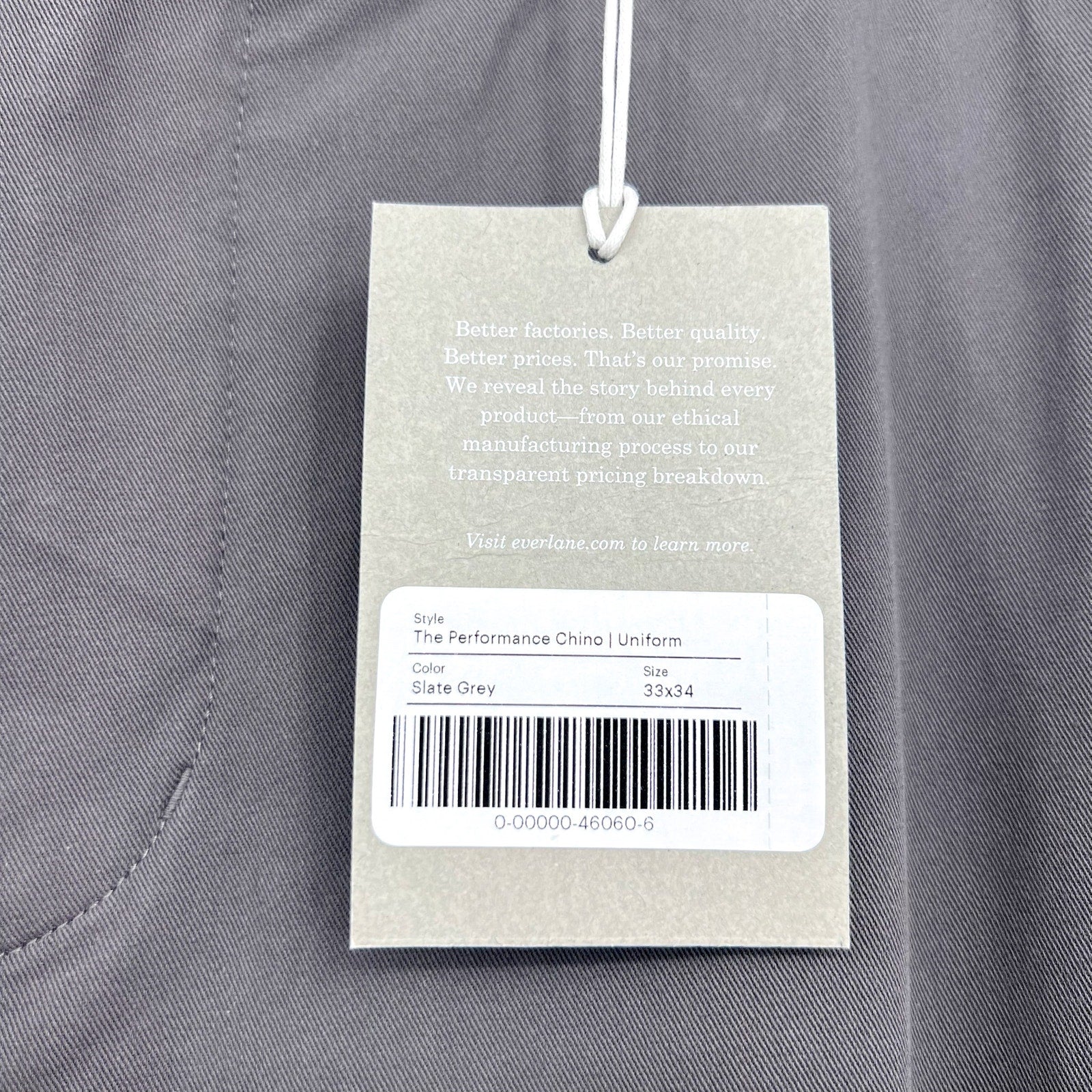 EVERLANE Uniform Mens Performance Chino Pants 33x34 Slate Grey Athletic Fit NWT