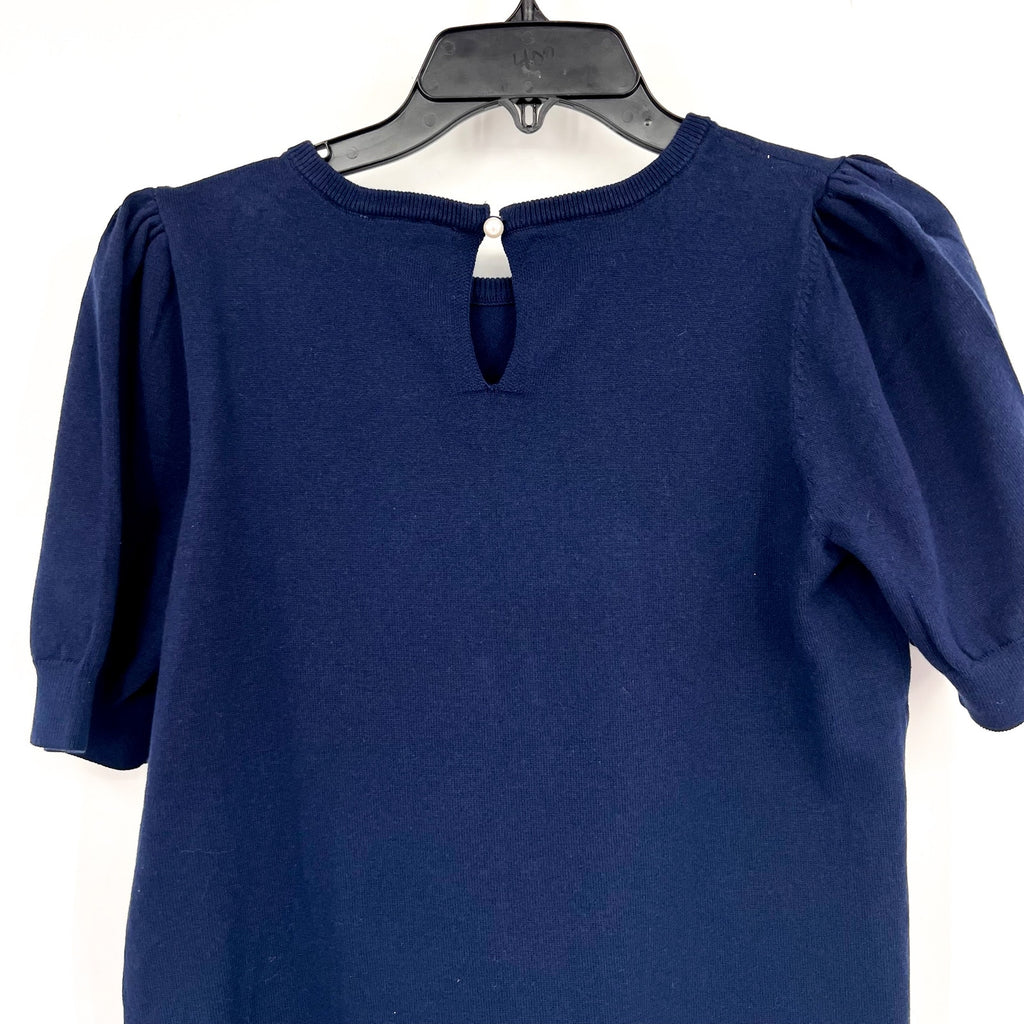 CECE Womens Knit Top Small Classic Navy Blue Pearl Button Short Sleeve NWT
