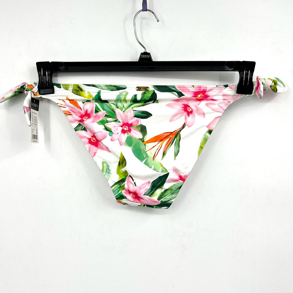 LAUREN RALPH LAUREN Hipster Bikini Bottom Size 16 White Pink Floral Side-Tie NWT