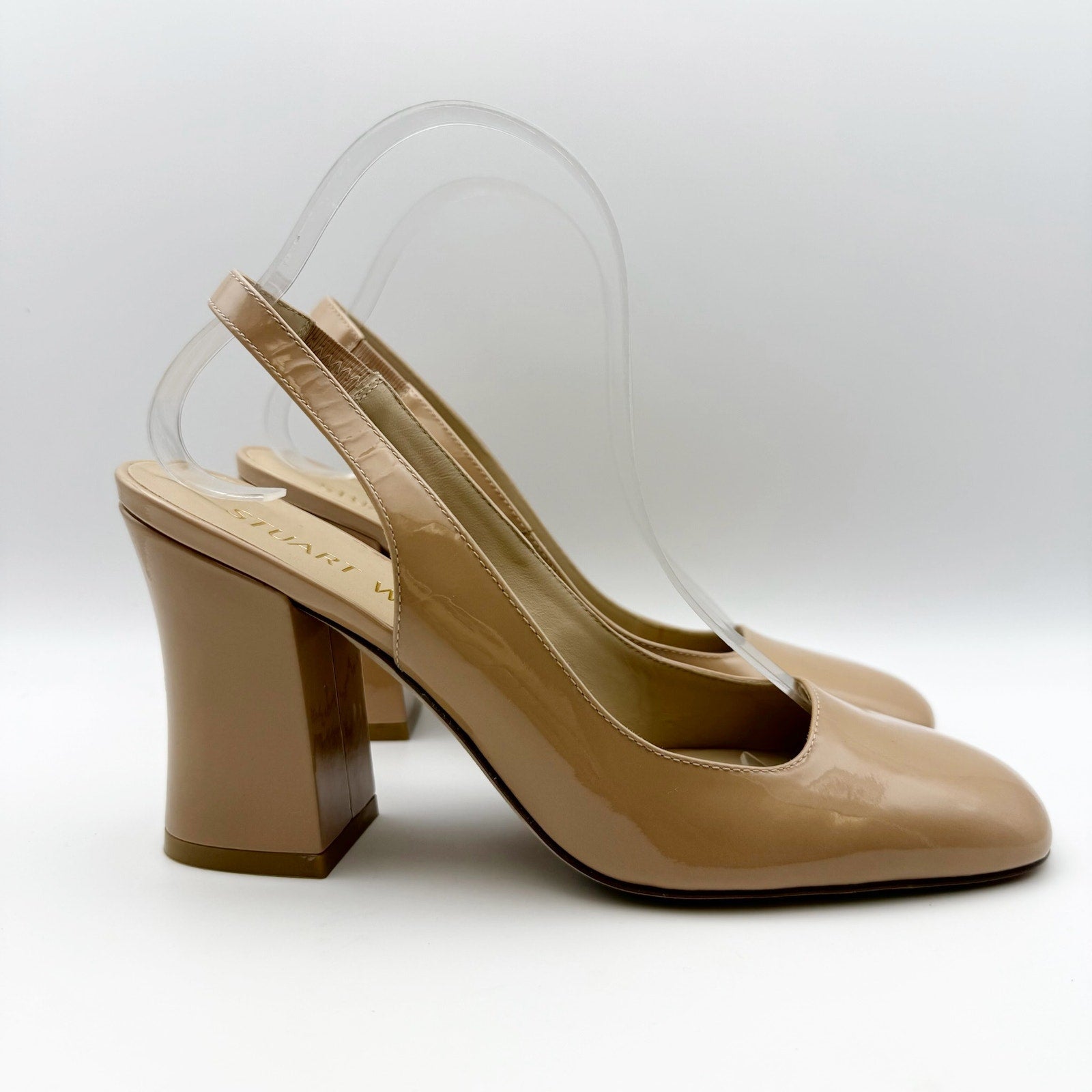 Stuart Weitzman Womens Curve Block Slingback Heels US 8 Nude Patent Leather NWOB