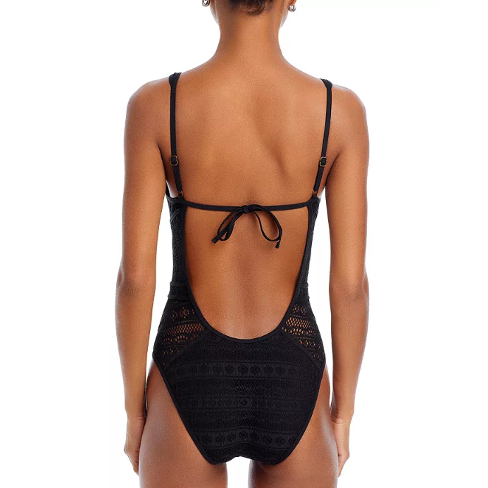BECCA Womens Color Play Crochet Plunge One Piece Swimsuit Large Black NWT