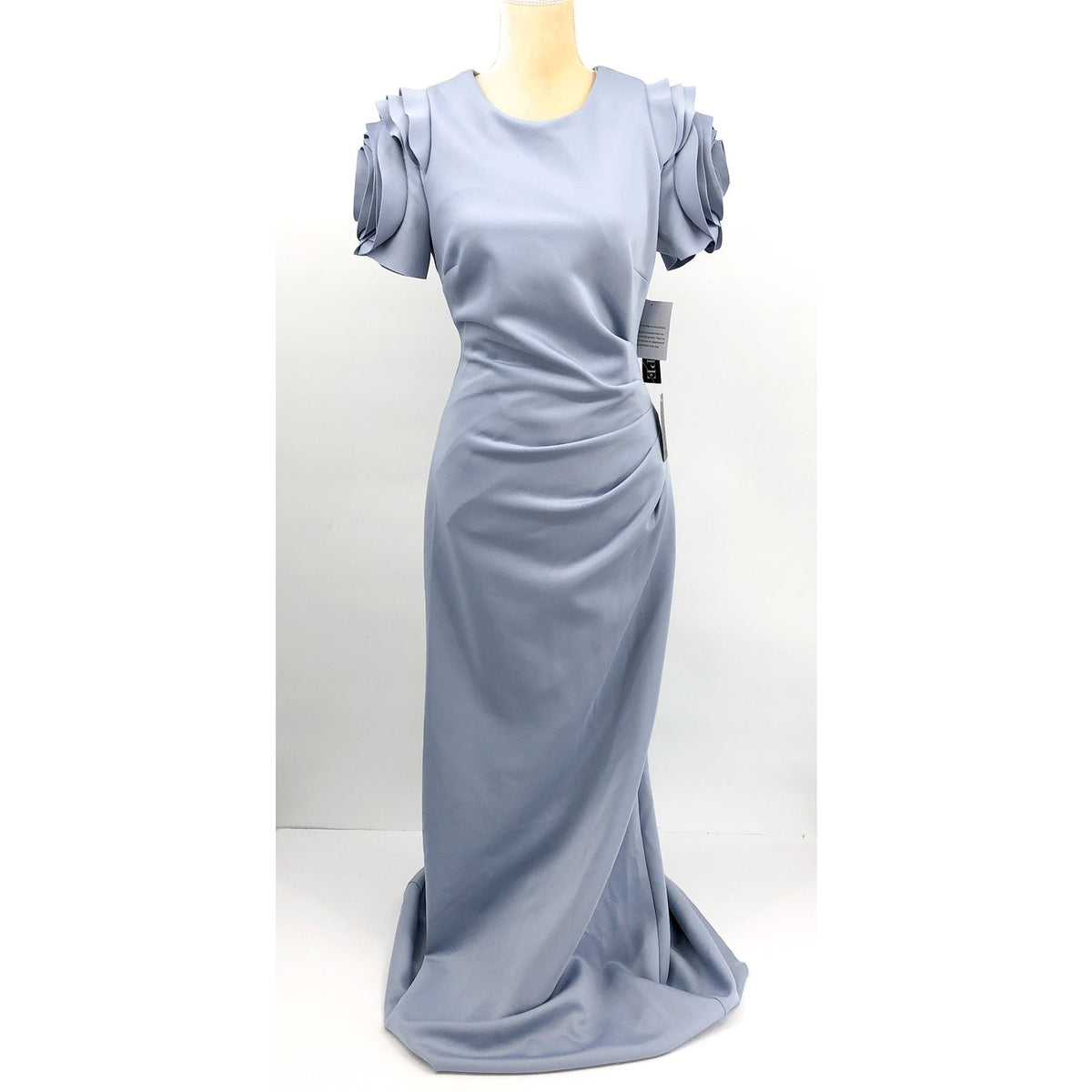 XSCAPE Rosette Ruched Sheath Gown Size 12 Sky Blue Short Sleeve Floral 4721X NWT