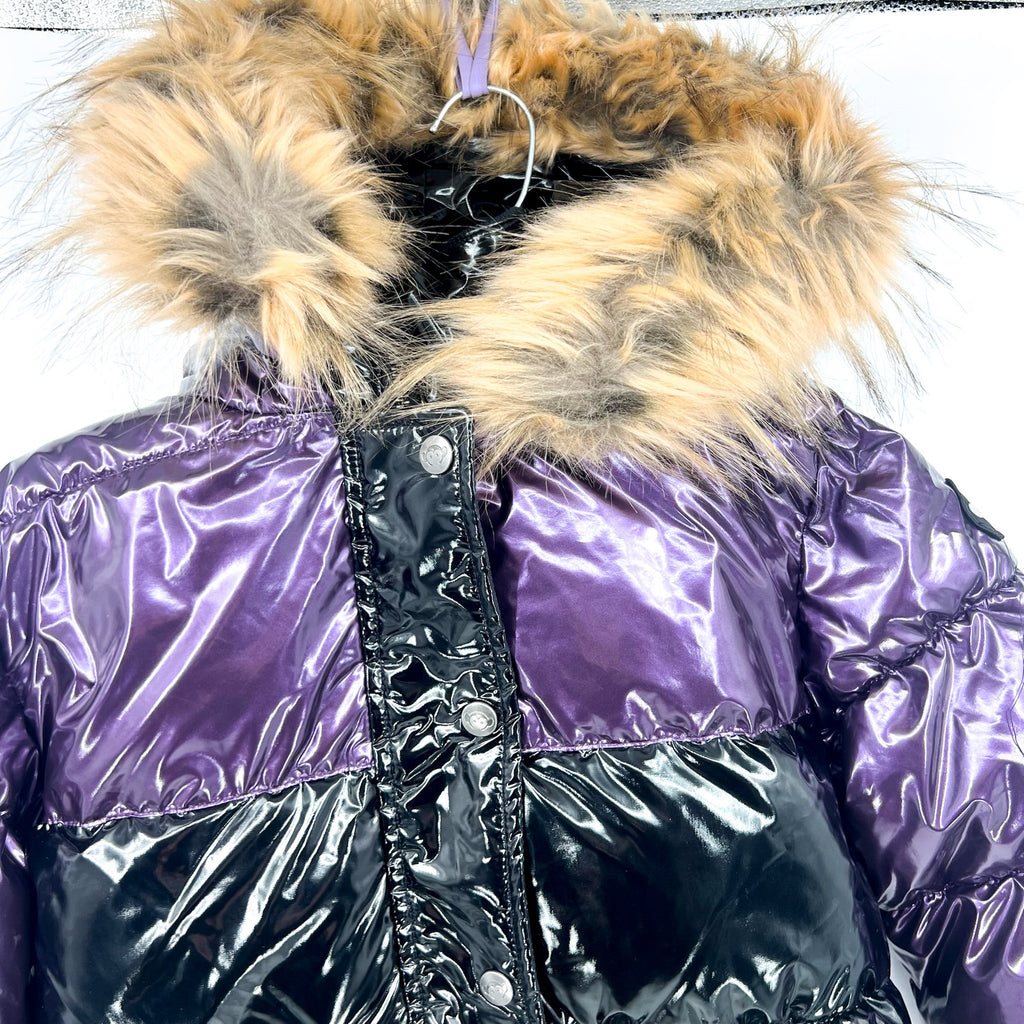 APPAMAN Girls' Kyla Puffer Coat Size 12 Purple Black Faux Fur Trim Hood NWT