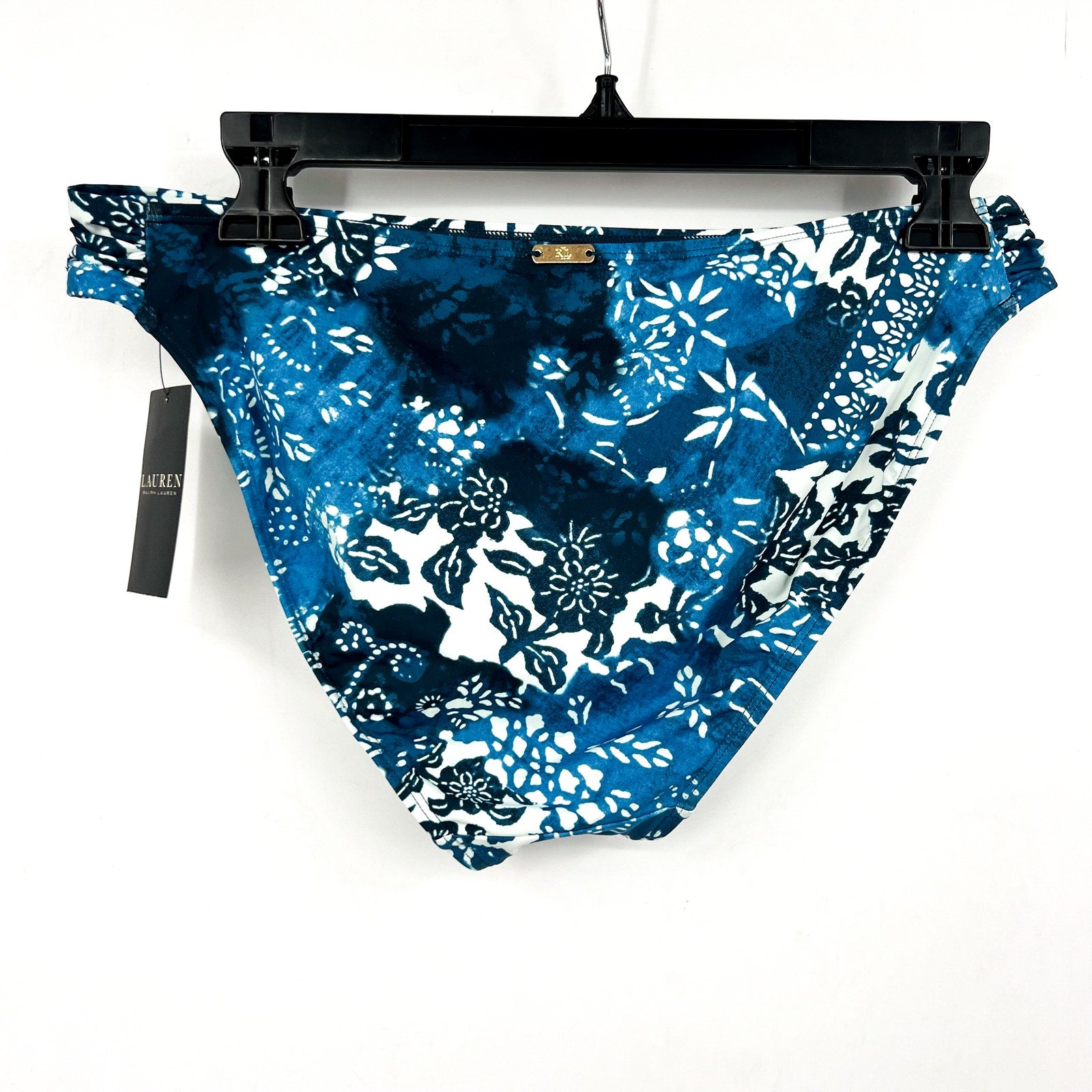 LAUREN RALPH LAUREN Patchwork Hipster Bikini Bottom Size 10 Blue Shirred NWT