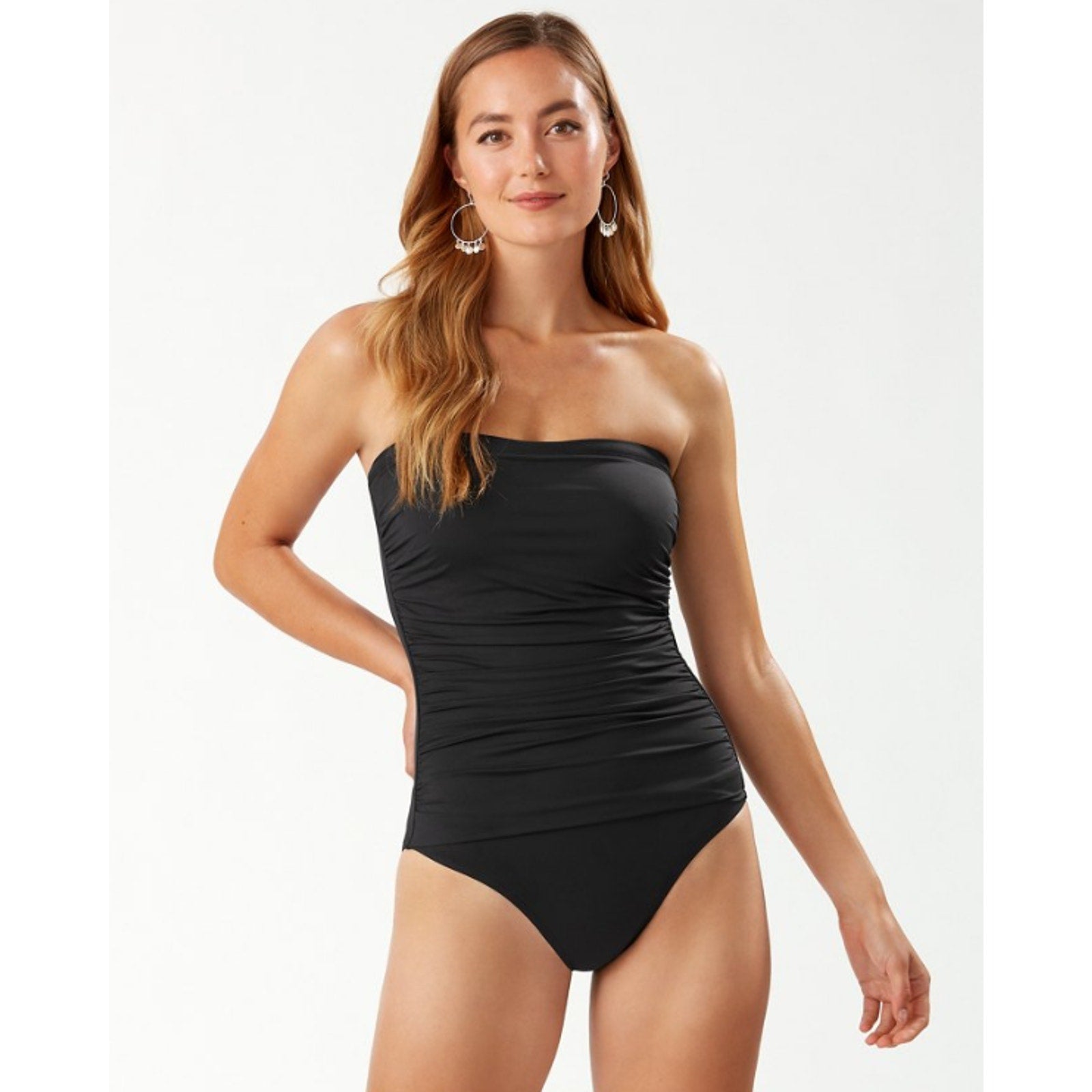 TOMMY BAHAMA Pearl Bandeau One-Piece Swimsuit Size 4 Black Shirred NWT