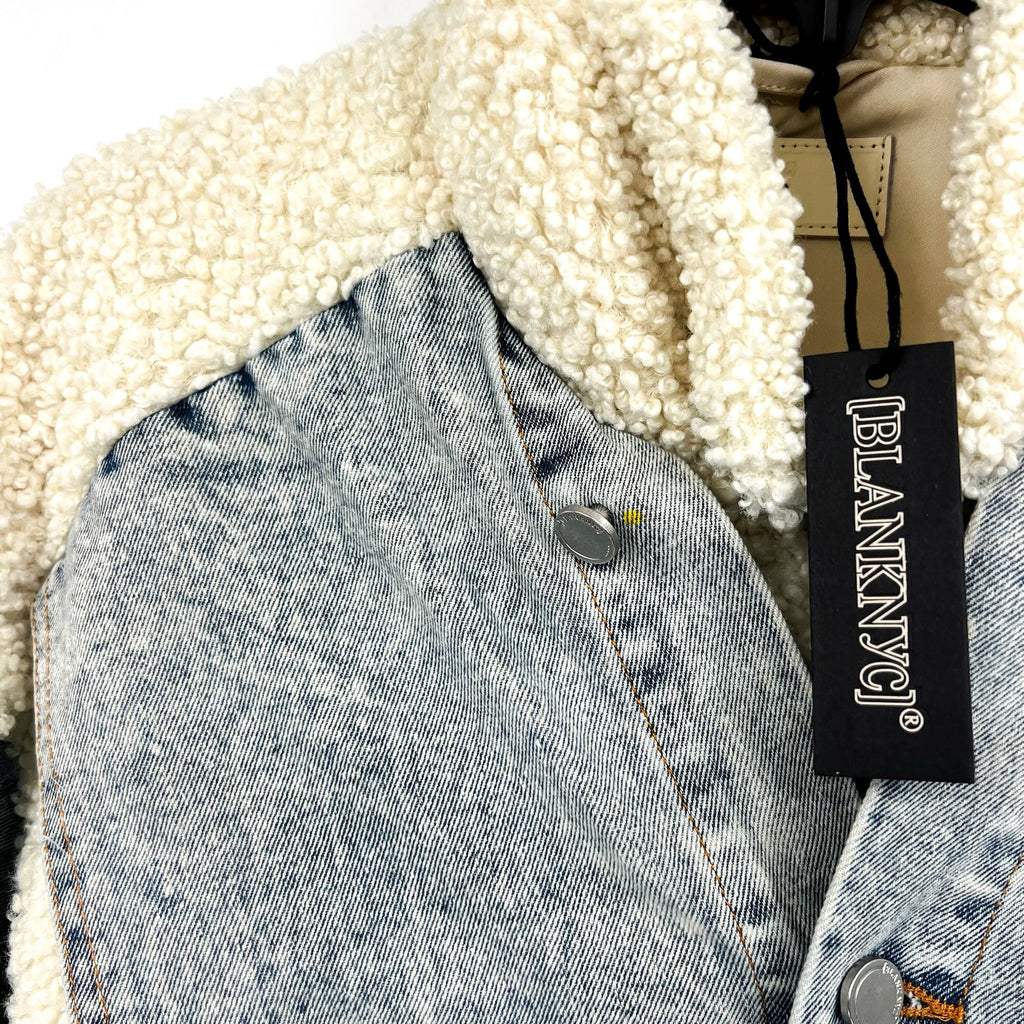 BLANKNYC Womens Denim & Faux Shearling Trucker Jacket XS Cream Blue Bear Hug NWT