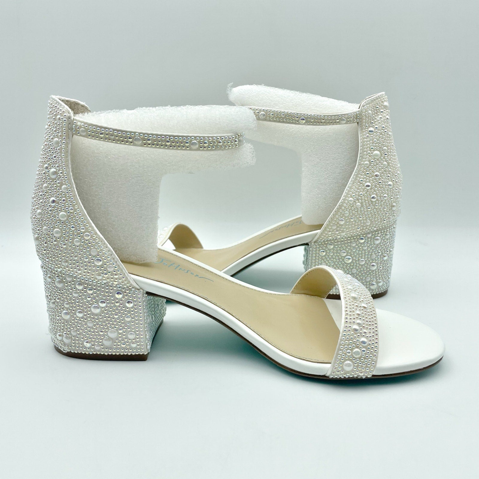 Betsey Johnson Womens Mari Heeled Sandals Size 6.5 EU 37 White Rhinestone NIB