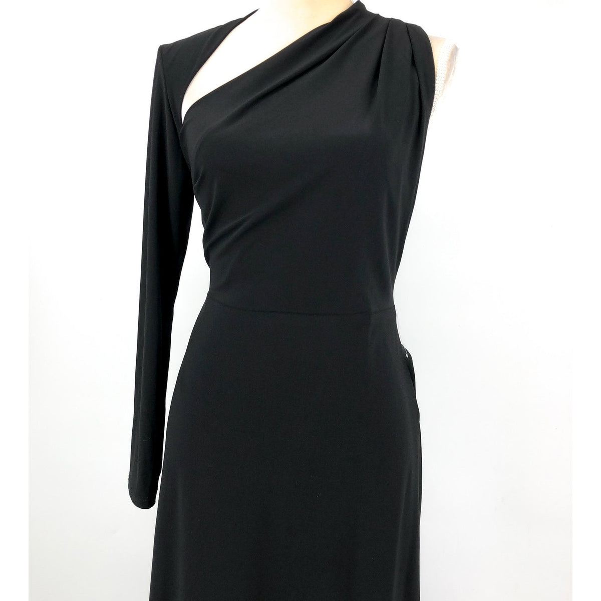 BETSY & ADAM One Shoulder Gown Size 12 Black Long Sleeve A22317N Dress NWT