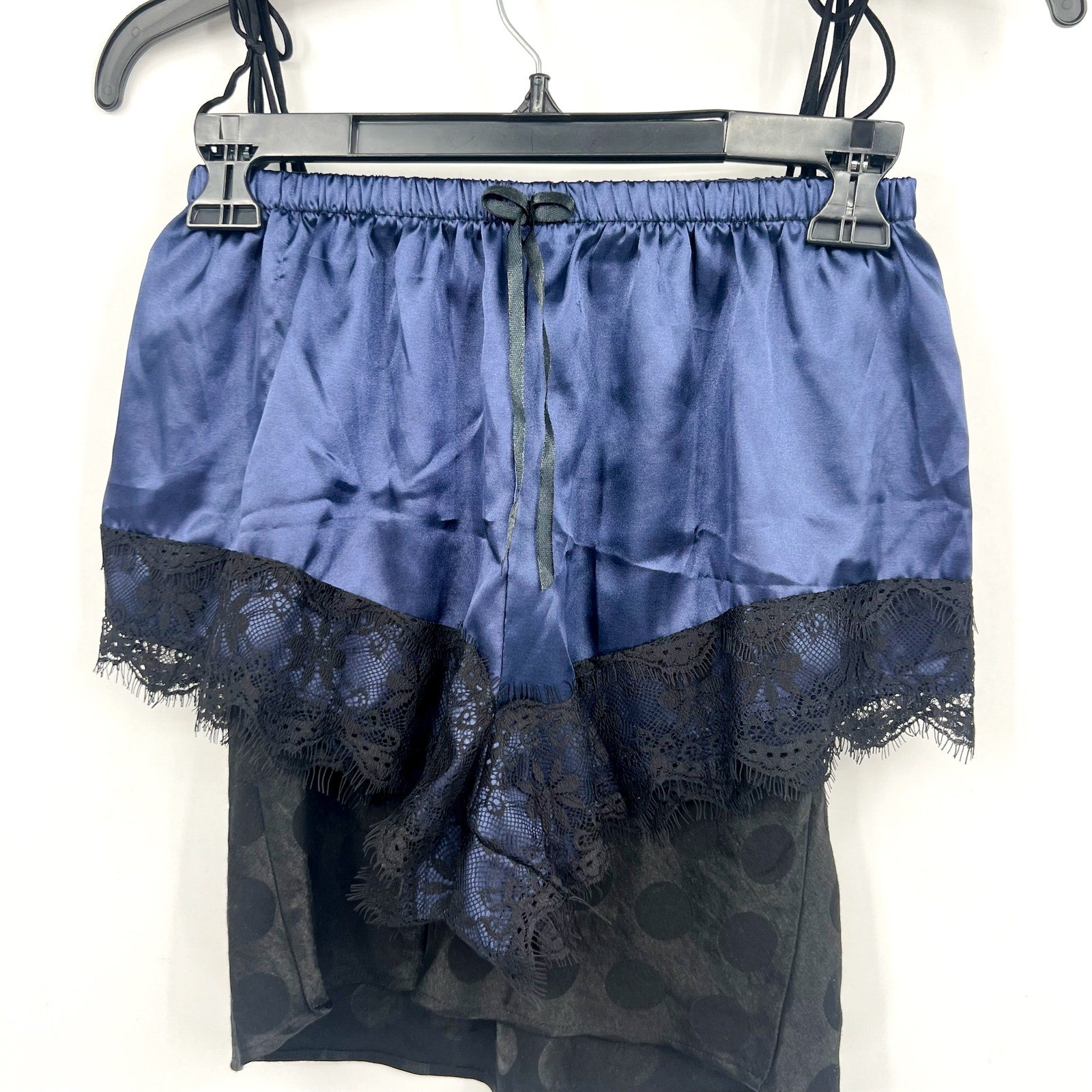 VICTORIA'S SECRET Polka Dot Satin Cami & Shorts Set XS Black Blue Lace Trim NWOT