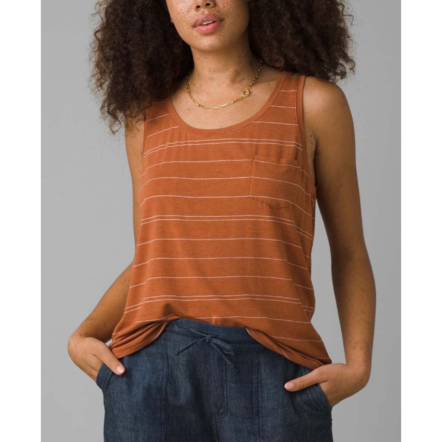 prAna Womens Foundation Scoop Neck Tank Copper Heather Stripe LARGE