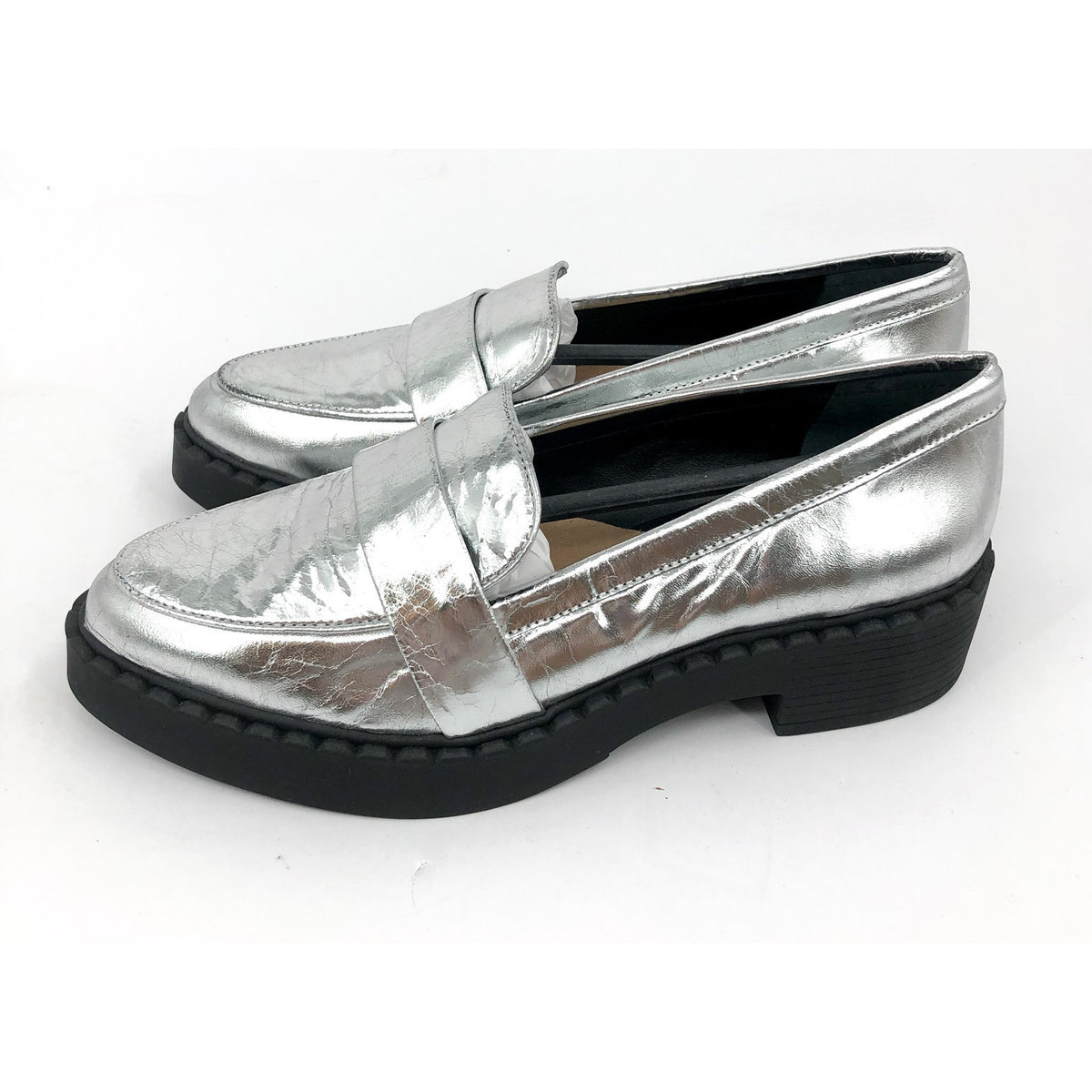 VINCE CAMUTO Women's Echika Loafers Size 6 Silver Leather Block Heel Penny NWOB