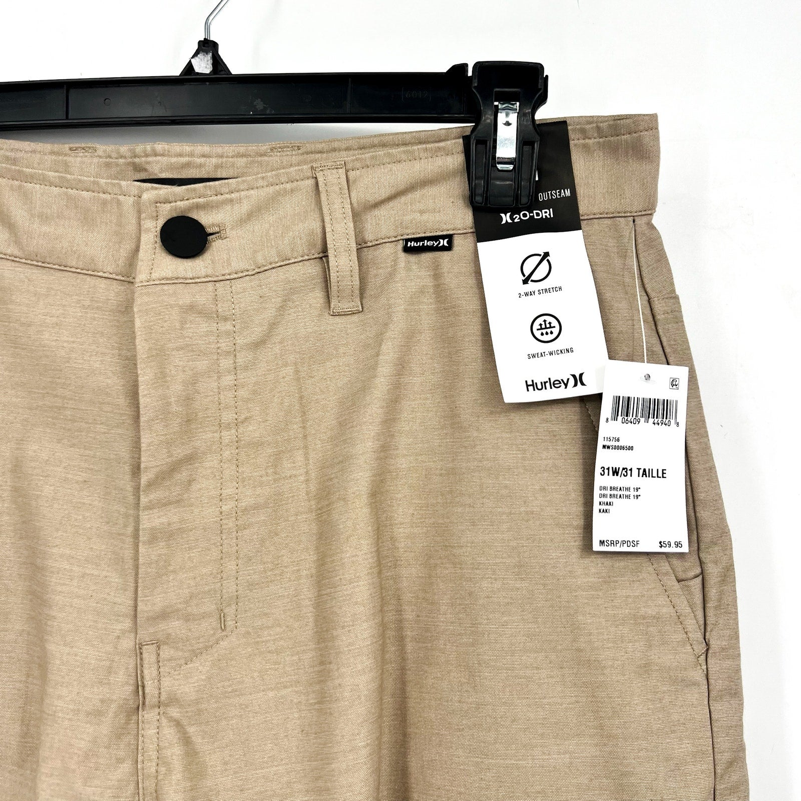 HURLEY Men's H2O-Dri Breathe Walk Shorts Size 31 Khaki Flat Front NWT