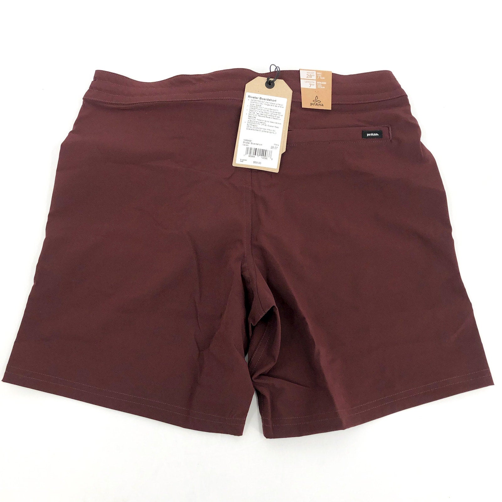 PRANA Men's Riveter Board Shorts Size 28 Dark Red Cacao 7" Inseam Drawstring NWT