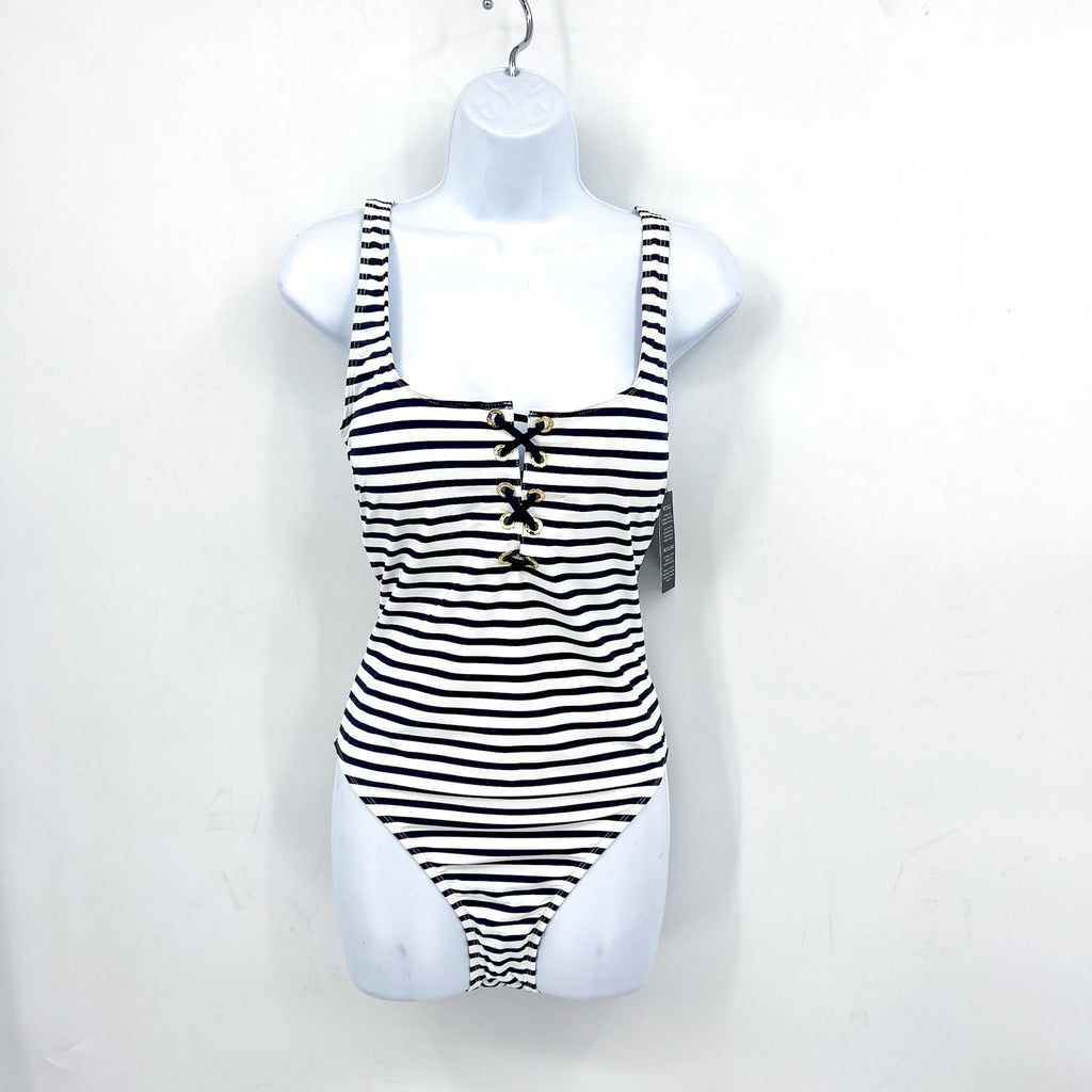 LAUREN RALPH LAUREN Luxe Stripe Laced Tank Swimsuit Size 12 Navy Blue White NWT