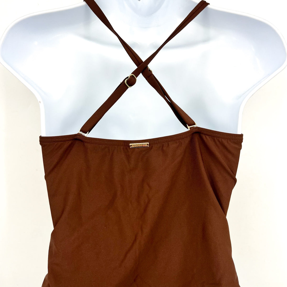 SUNSETS Women's Simone Tankini Top Small Tiki Brown Cross-Over Front Swim NWT