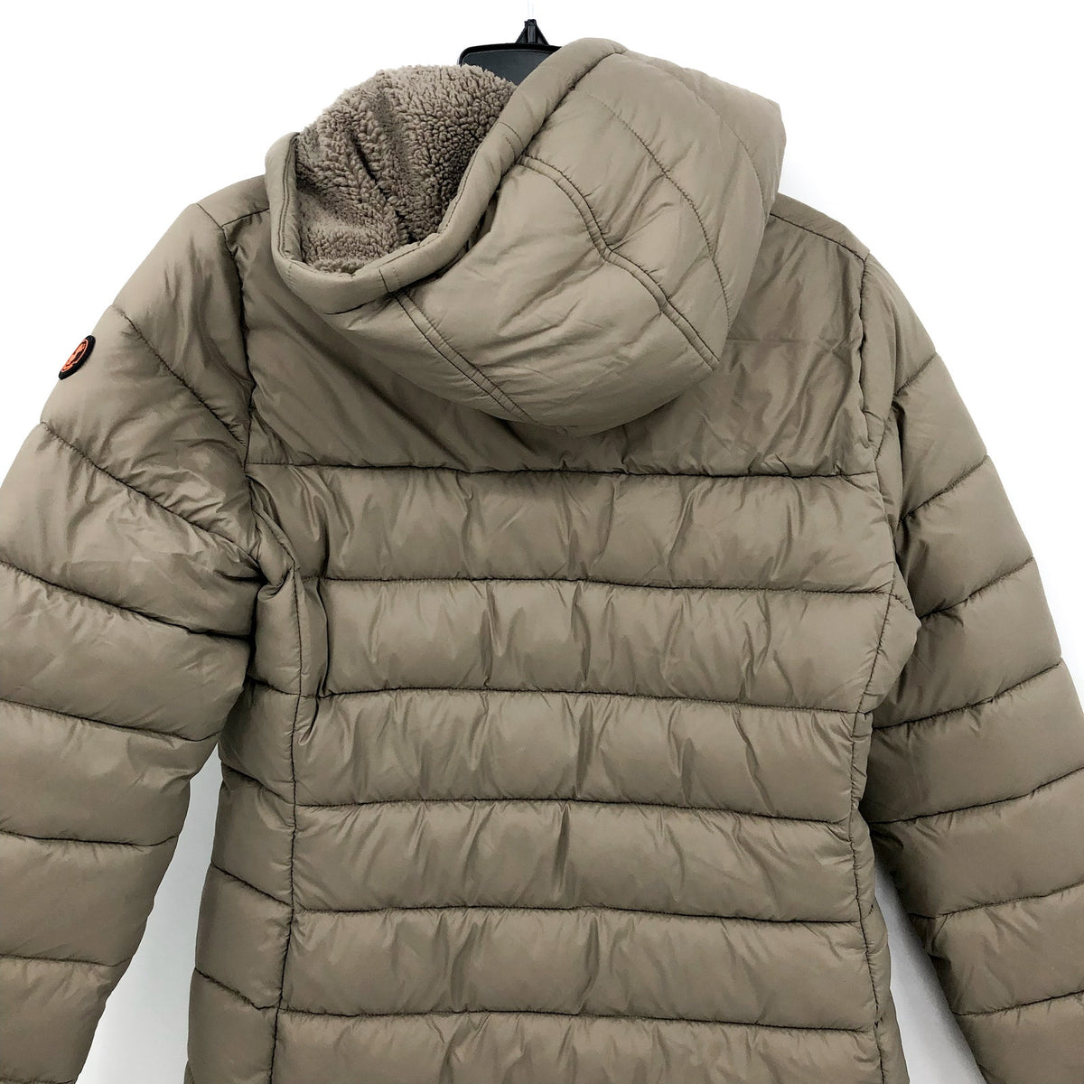 SAVE THE DUCK Joanne Hooded Longline Puffer Jacket Large Size 12 Grey Taupe NWT