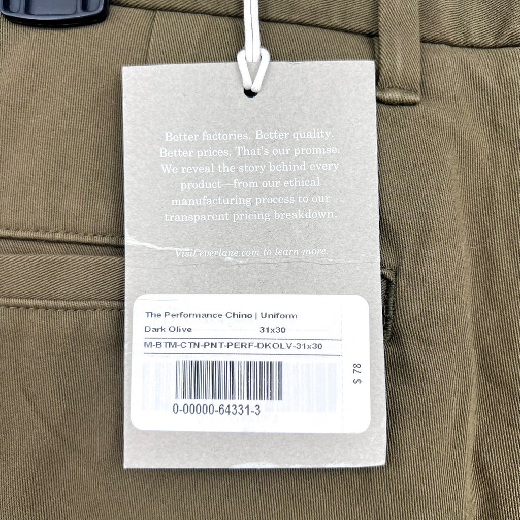 EVERLANE Men's Uniform Performance Chino 31x30 Olive Green Slim Fit Pants NWT