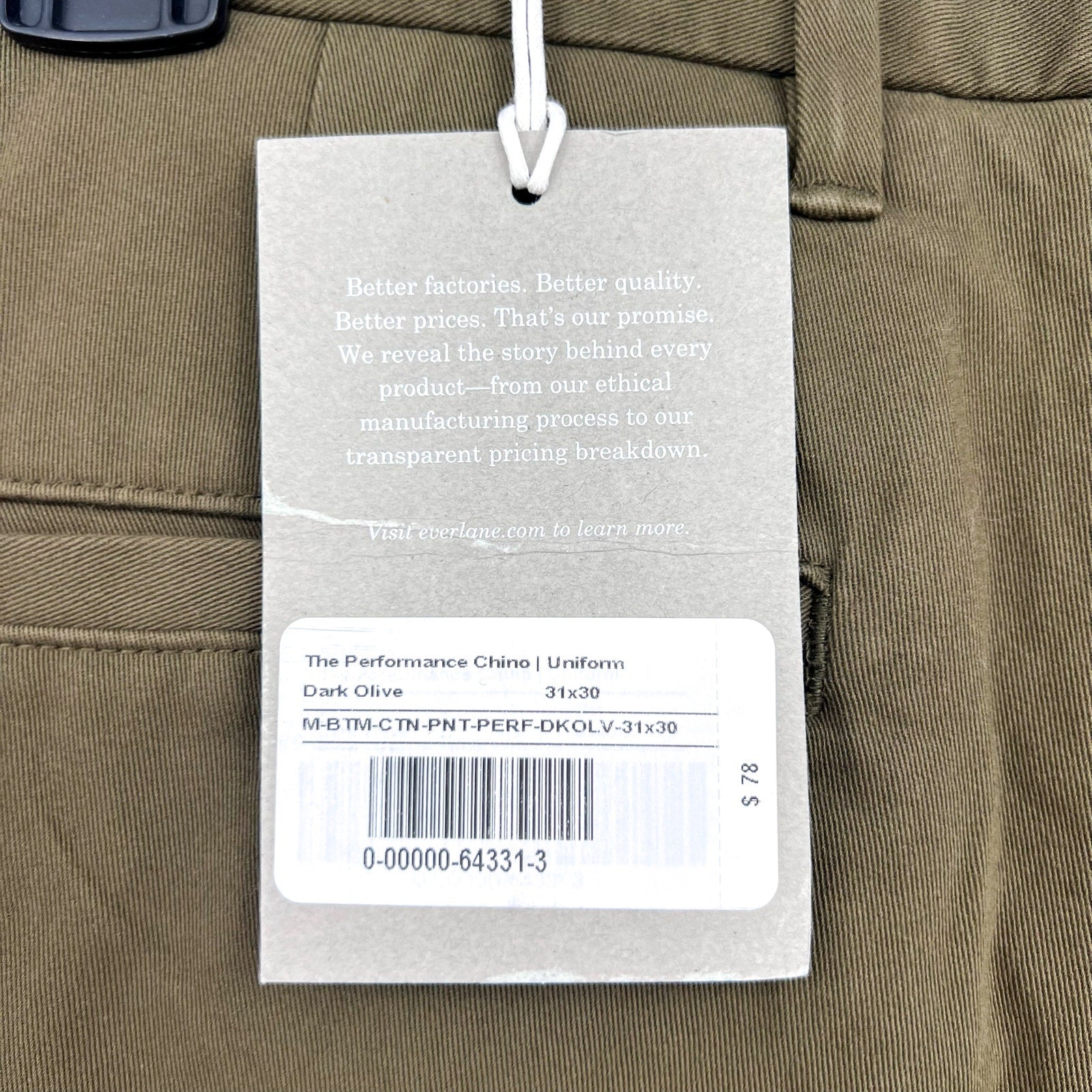 EVERLANE Men's Uniform Performance Chino 31x30 Olive Green Slim Fit Pants NWT