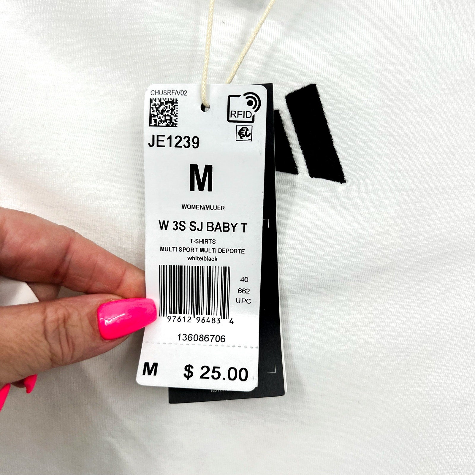 ADIDAS Essentials 3-Stripes Slim Baby Tee Medium White Black Short Sleeve NWT