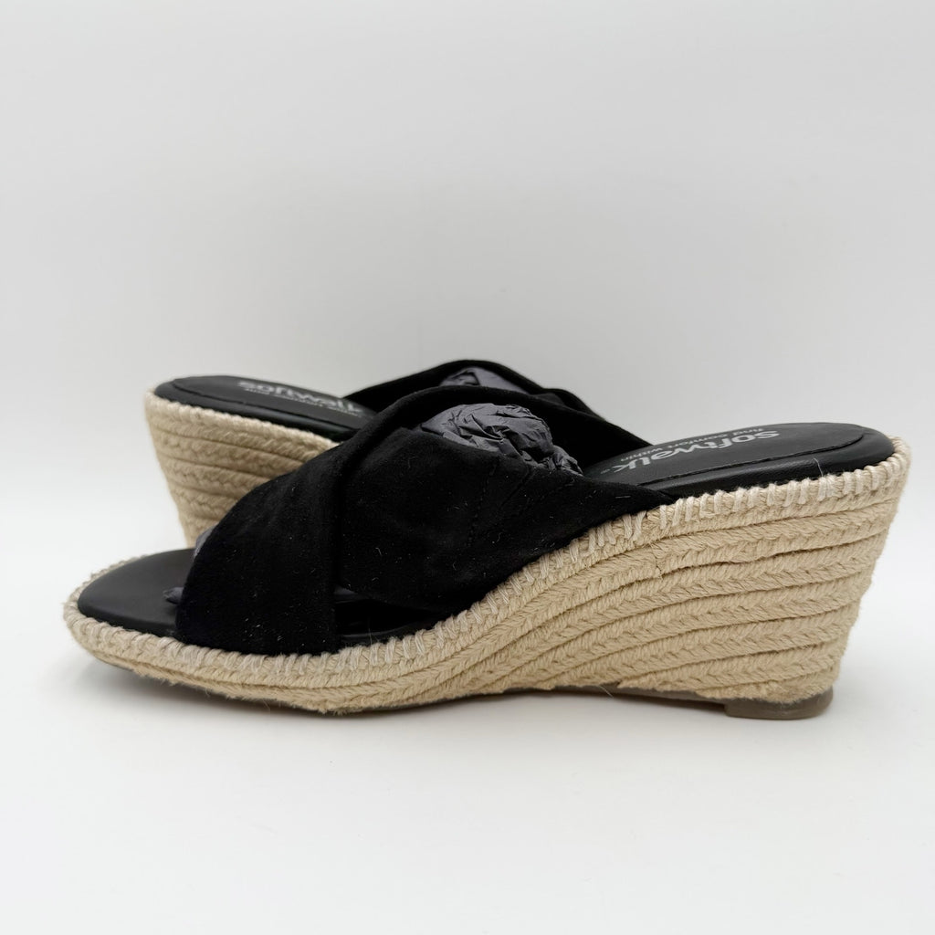Softwalk Womens Hastings Wedge Sandals Size 7 WIDE Black Suede NIB