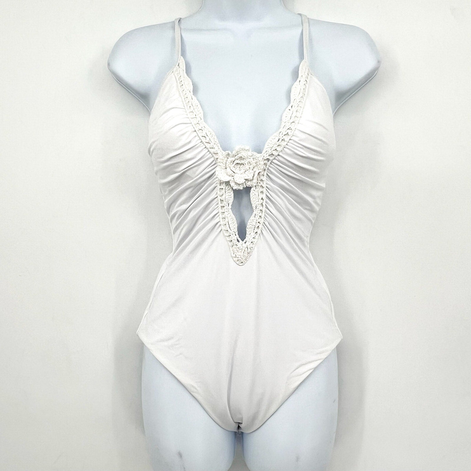 BECCA Colette Clare Plunge One Piece Swimsuit Small White Crochet Flower NWT