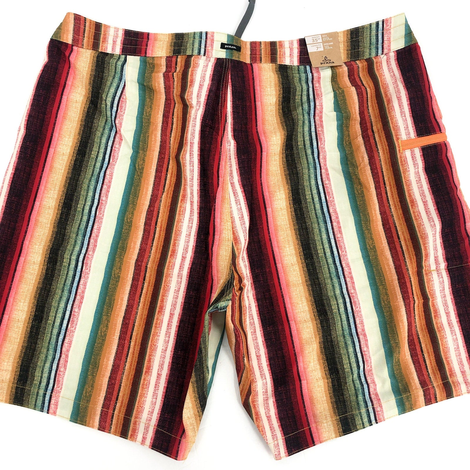 PRANA Mens Fenton Board Shorts Size 35 Large Multi Baja Stripe 7" Inseam NWT