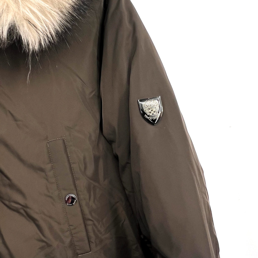 VINCE CAMUTO Heavyweight Hooded Parka Coat Medium Olive Green Faux Fur Trim NWT