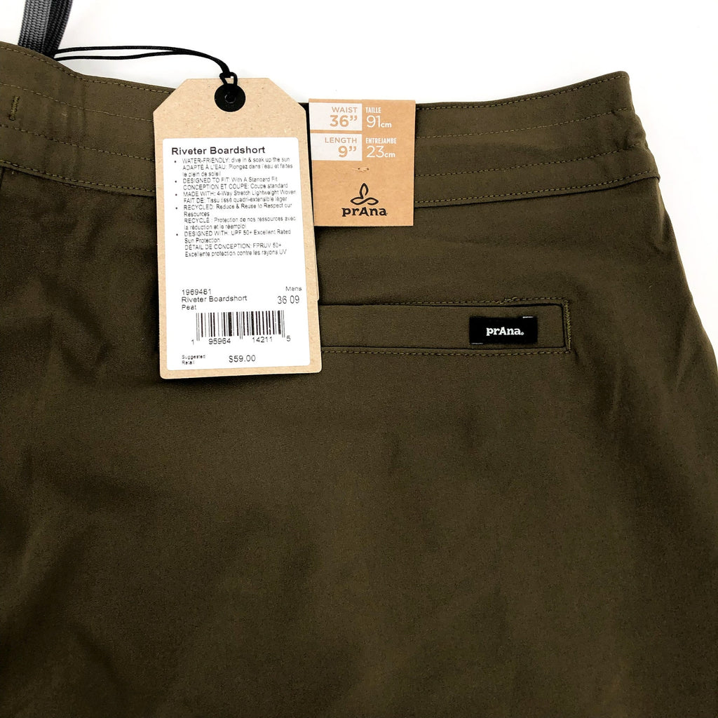 PRANA Men's Riveter Board Shorts Size 36 Peat Green 9" Inseam UPF 50+ NWT