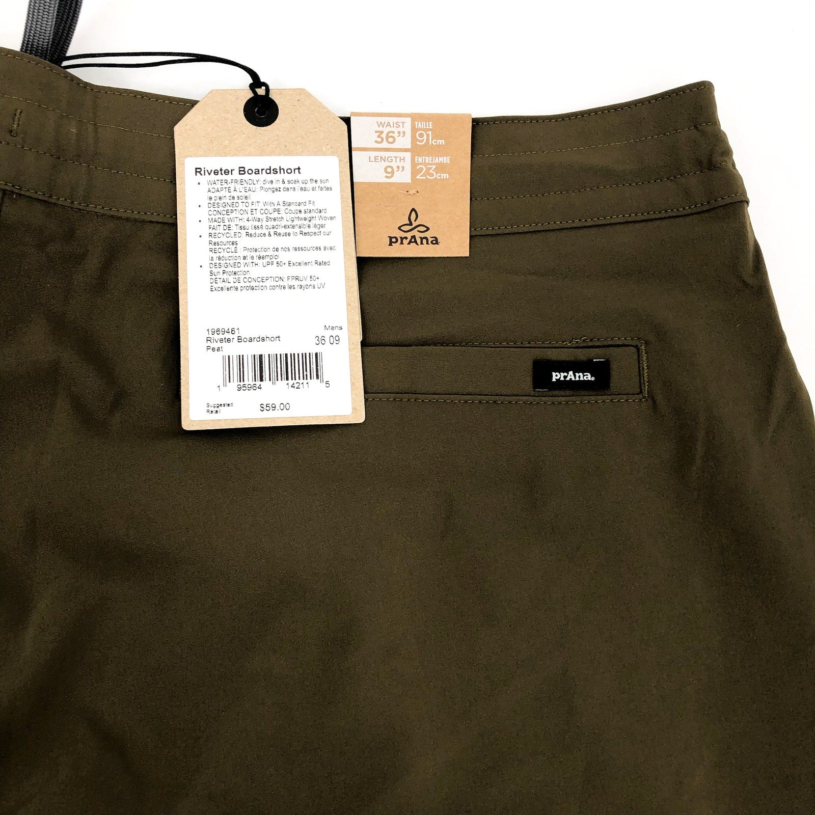 PRANA Men's Riveter Board Shorts Size 36 Peat Green 9" Inseam UPF 50+ NWT