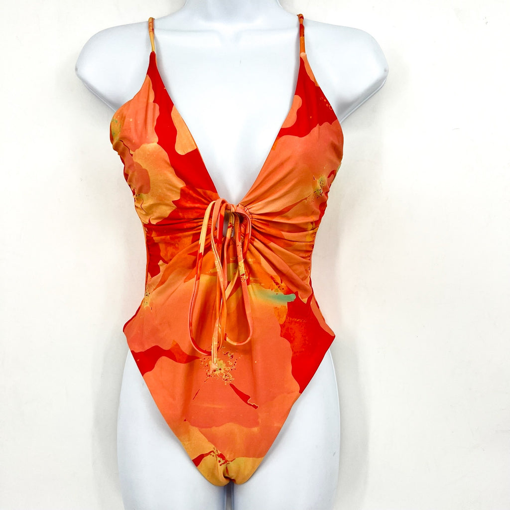 L*SPACE Piper One Piece Swimsuit Large Orange Native Poppies Floral Keyhole NWT