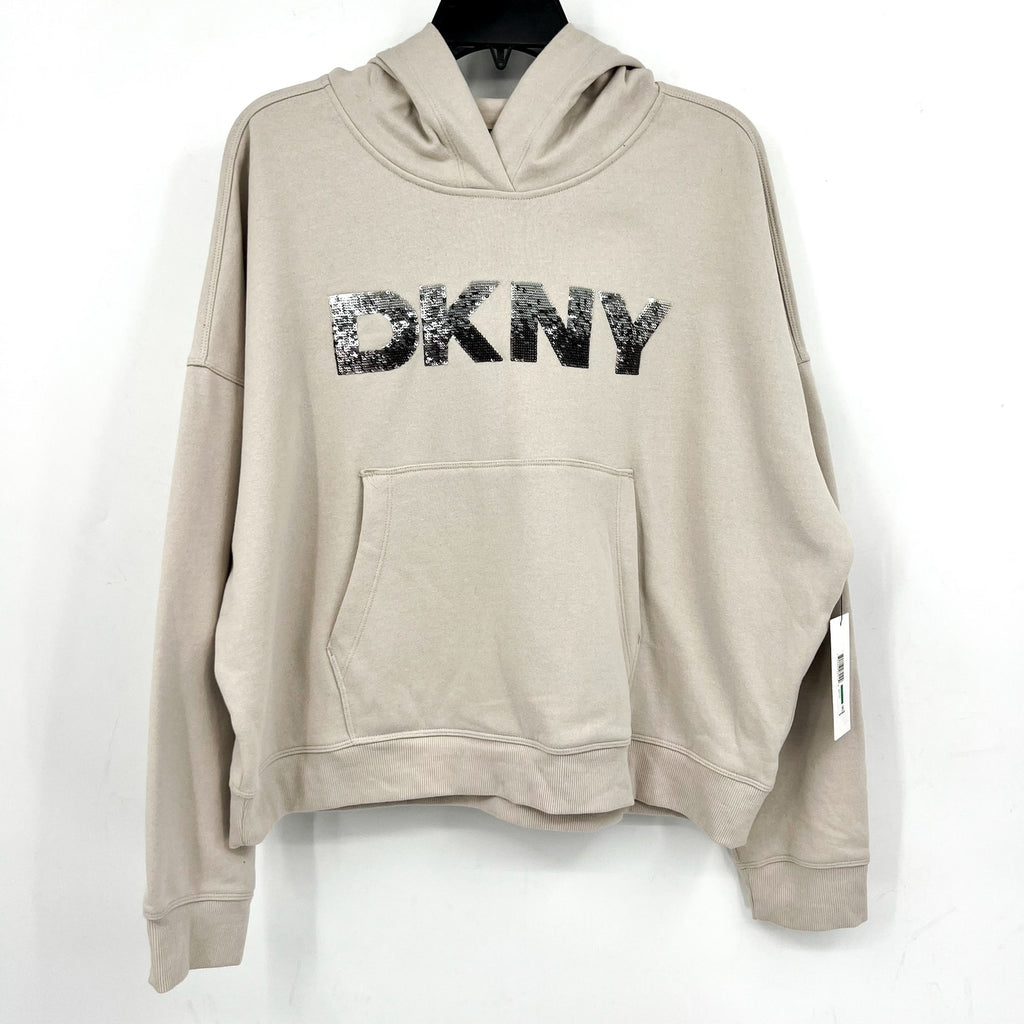 DKNY Women's Sequin Hoodie Medium Taupe Beige Pullover Sweatshirt NWT