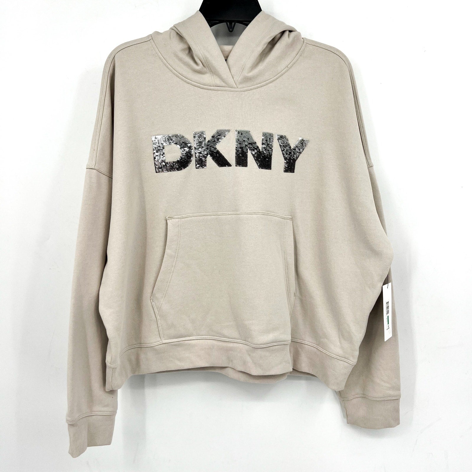 DKNY Women's Sequin Hoodie Medium Taupe Beige Pullover Sweatshirt NWT
