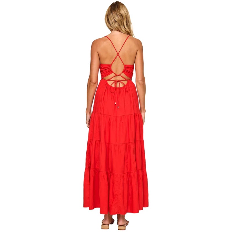 L*SPACE Women's Laina Tiered Maxi Dress Medium Red Criss-Cross Back NWT
