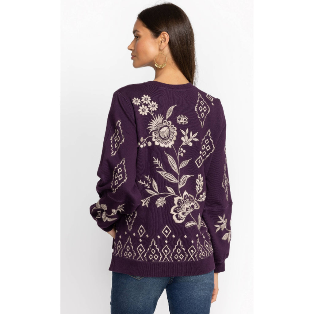JOHNNY WAS Women's Ivey High Slit Sweatshirt Medium Deep Purple Floral NWT