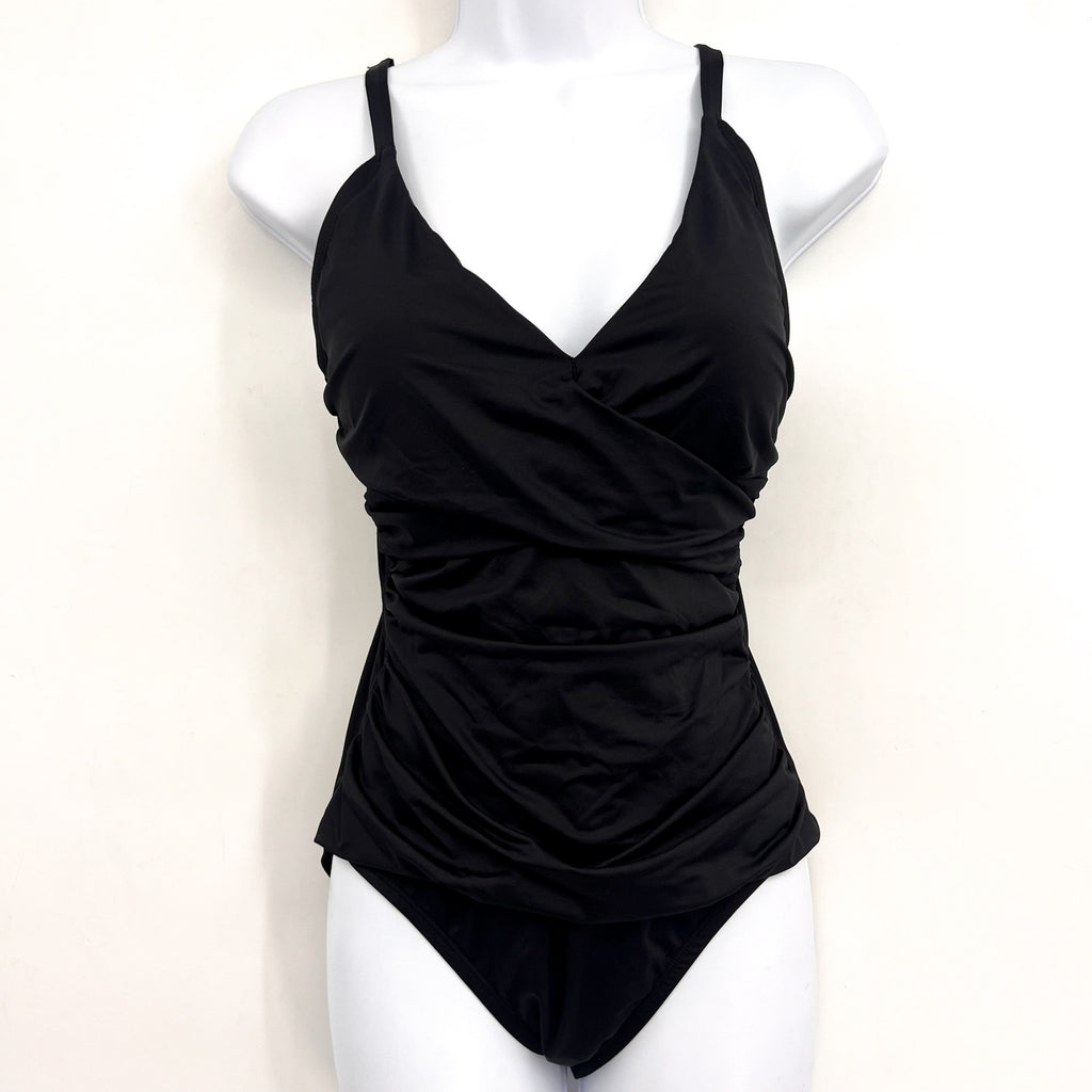 TOMMY BAHAMA Pearl V-Neck One Piece Swimsuit Size 6 Black Solid Cross Front NWT